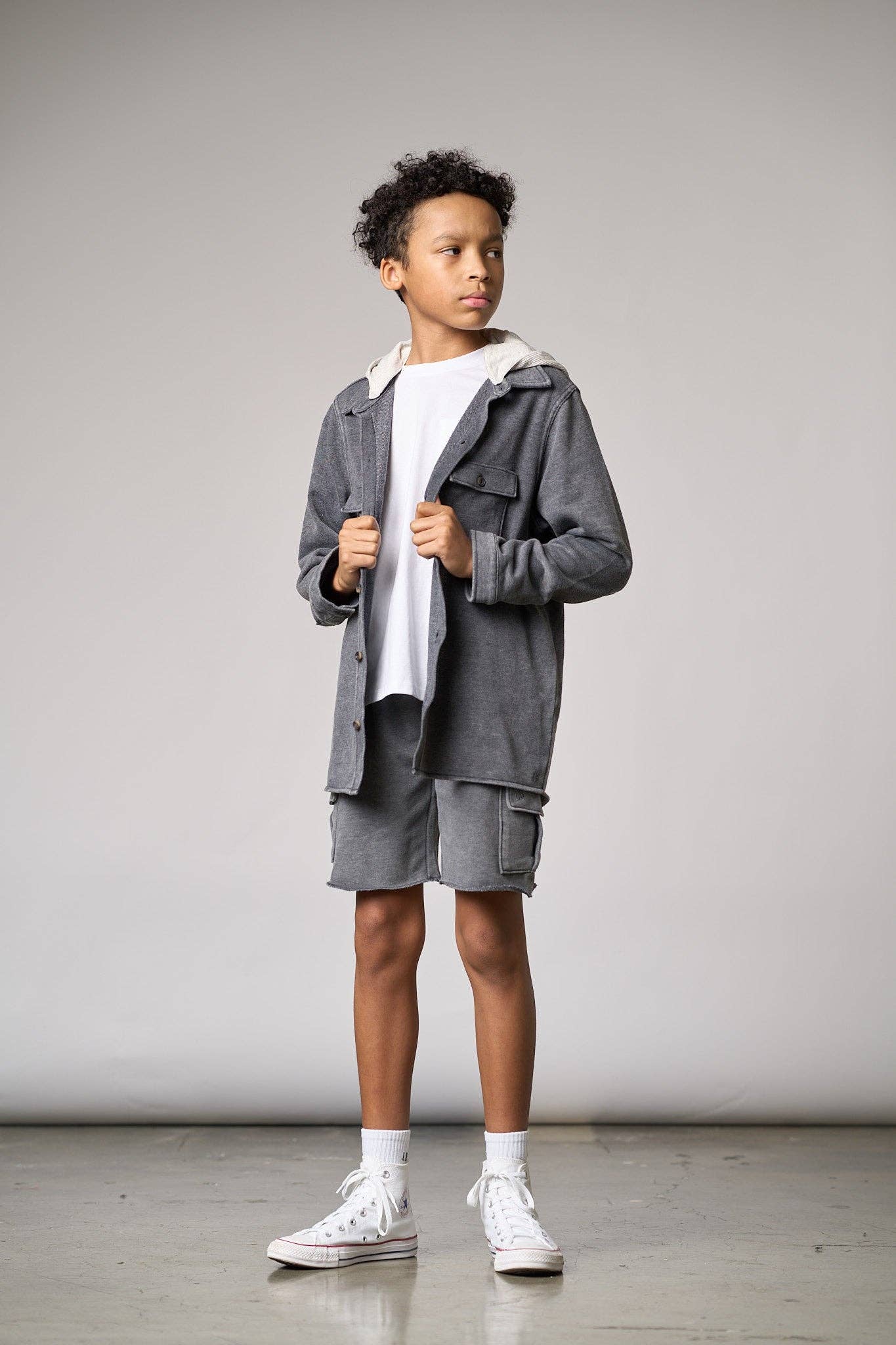 Raw edge cargo short- charcoal